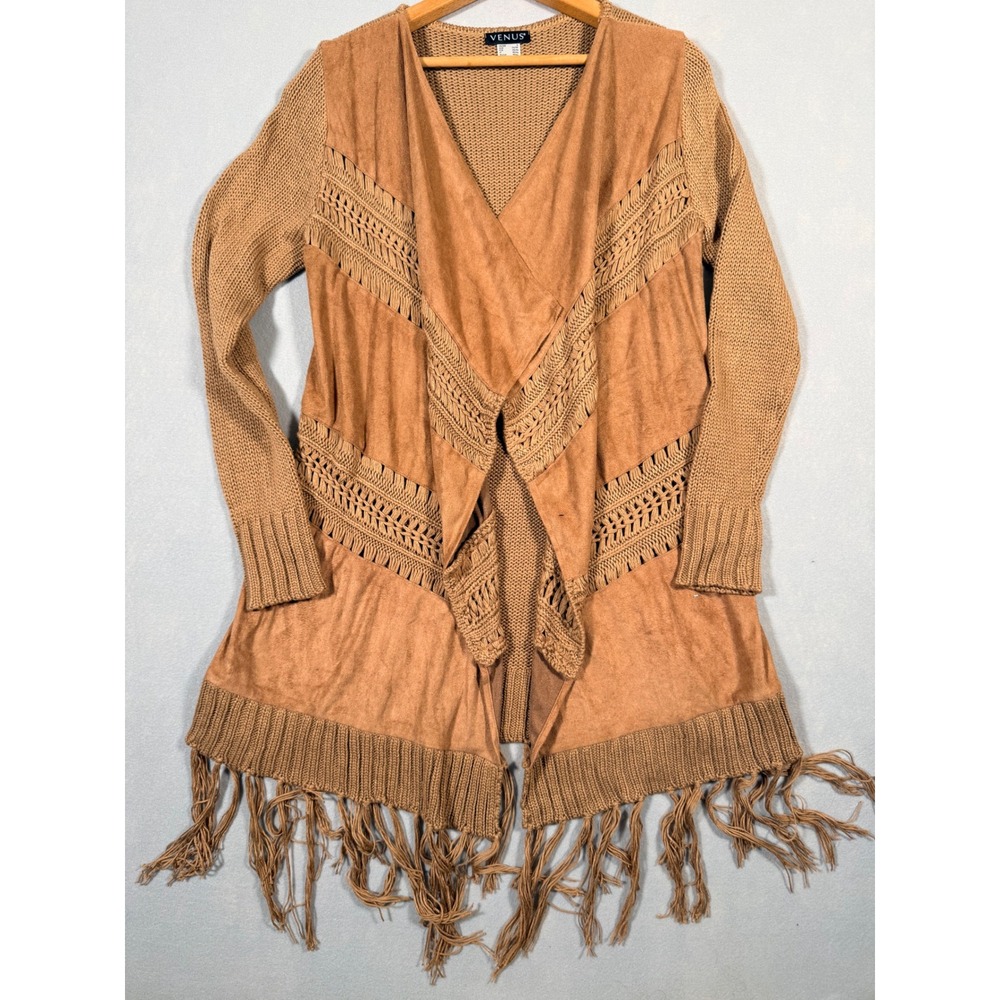 Venus Womens Brown Faux Suede Knit Fringe Macrame Open Front Cardigan Small Boho